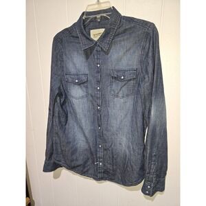 ARIZONA Shirt L Denim Jean Pearl Snap Western Cowboy Convertible Sleeves READ